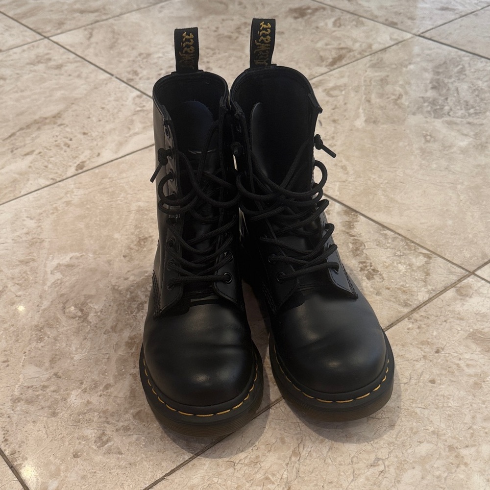 Dr. Martens Black Leather Lace-Up Combat Boots with Yellow Stitching